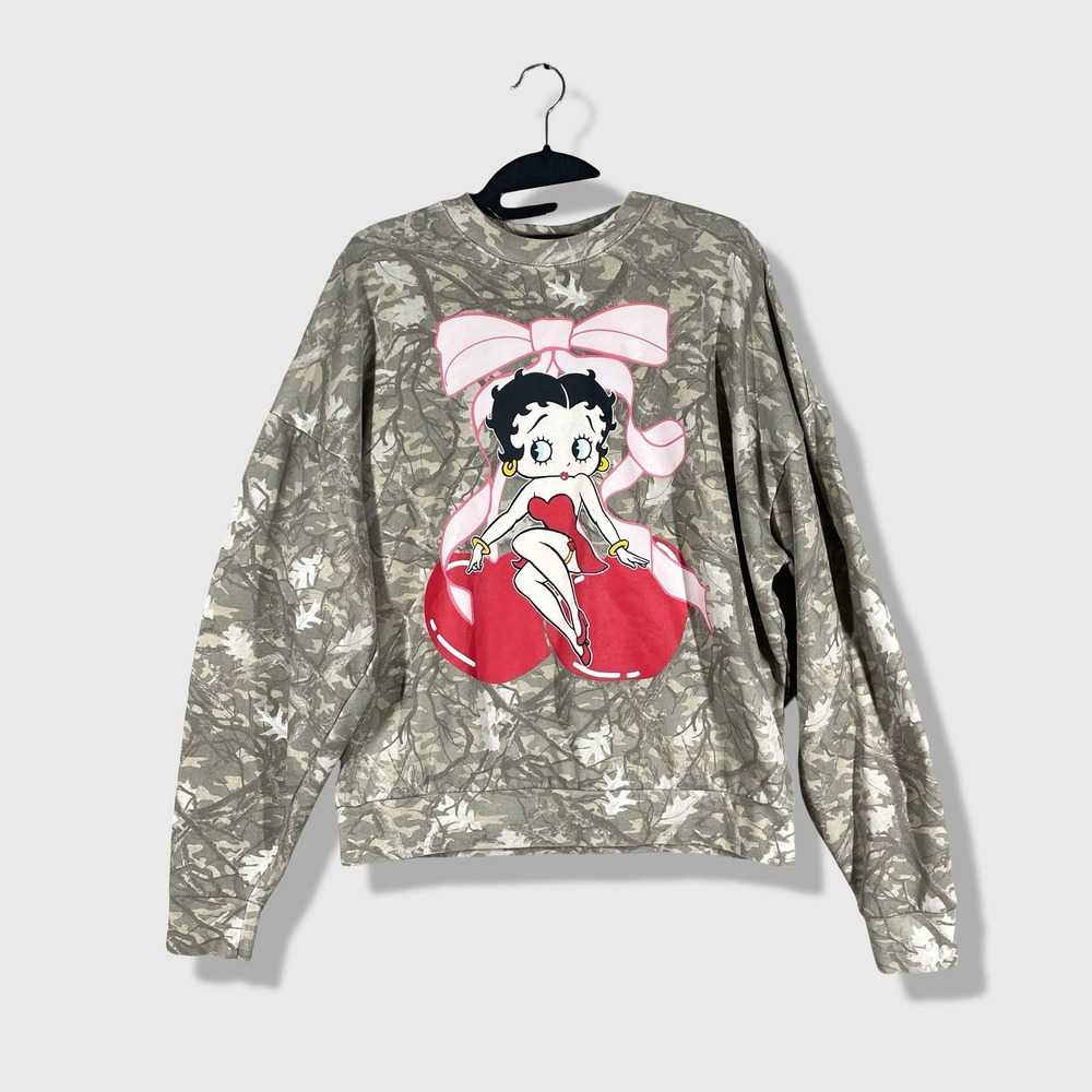 Fleischer Studios Betty Boop Sweatshirt Women‎ Small Green Camo Y2K Streetwear